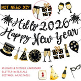 Black Glitter Happy New Year 2026 Banner Pre-Strung for NYE Party