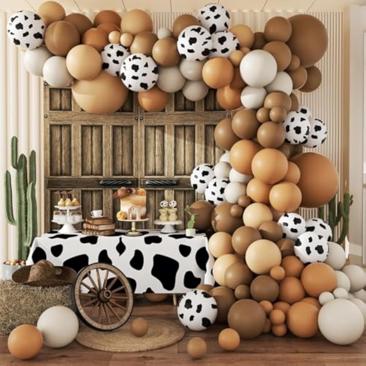 140pcs Western Cowboy Balloon Arch Kit with Brown, Nude, White, and Cow Print