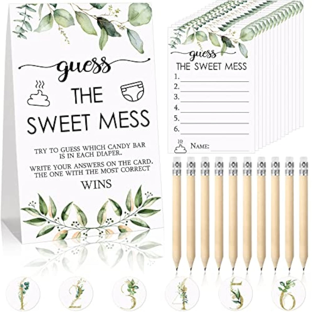 67 Pcs Guess The Sweet Mess Dirty Diaper Baby Shower Game Includes Guess The Sweet Mess Sign 50 Small Cards 10 Pencils And 6 Number Stickers For Baby Shower Game Gender Reveal Party(Leaves)