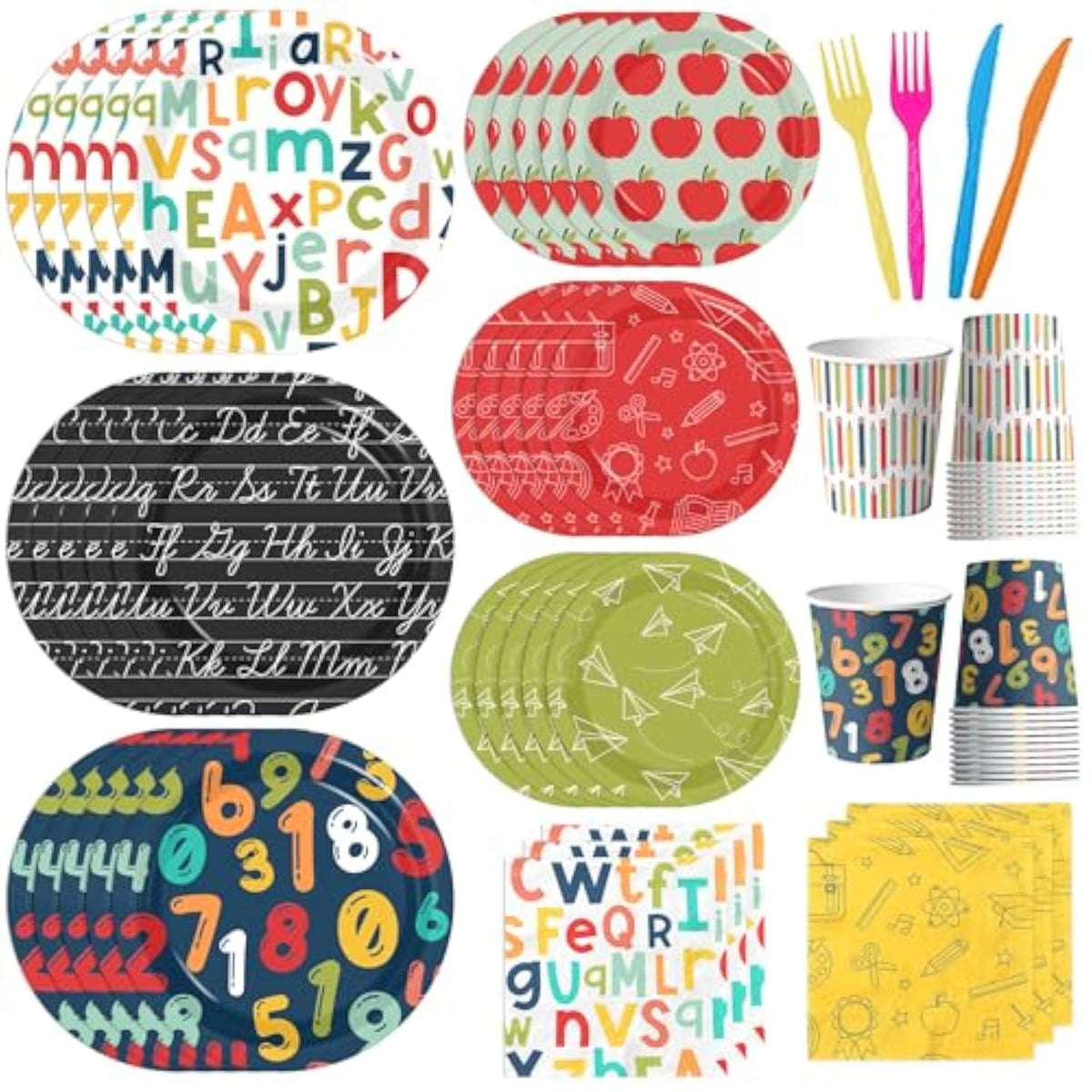 122Pcs Back To School Tableware Decoration School Theme Ruler Apple Alphabet Disposable Plates,Napkins,Cups,Forks Of First And Last Day Of School Preschool Kindergarten Graduation Party Supplies Decor