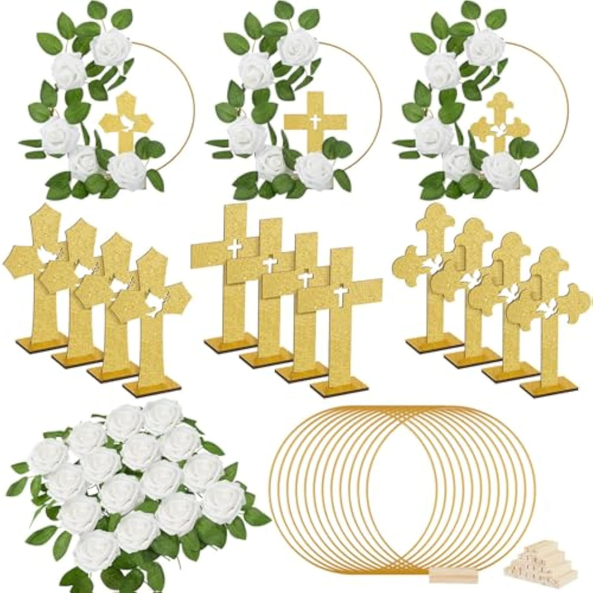 48 Pcs Baptism Centerpiece First Communion Table Decoration 12 Wood Cross 12 Floral Hoop With Stand 24 Foam Rose With Stem For Baptism Baby Shower Wedding(Gold And White,Stylish)