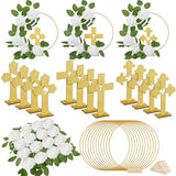 48 Pcs Baptism Centerpiece First Communion Table Decoration 12 Wood Cross 12 Floral Hoop With Stand 24 Foam Rose With Stem For Baptism Baby Shower Wedding(Gold And White,Stylish)