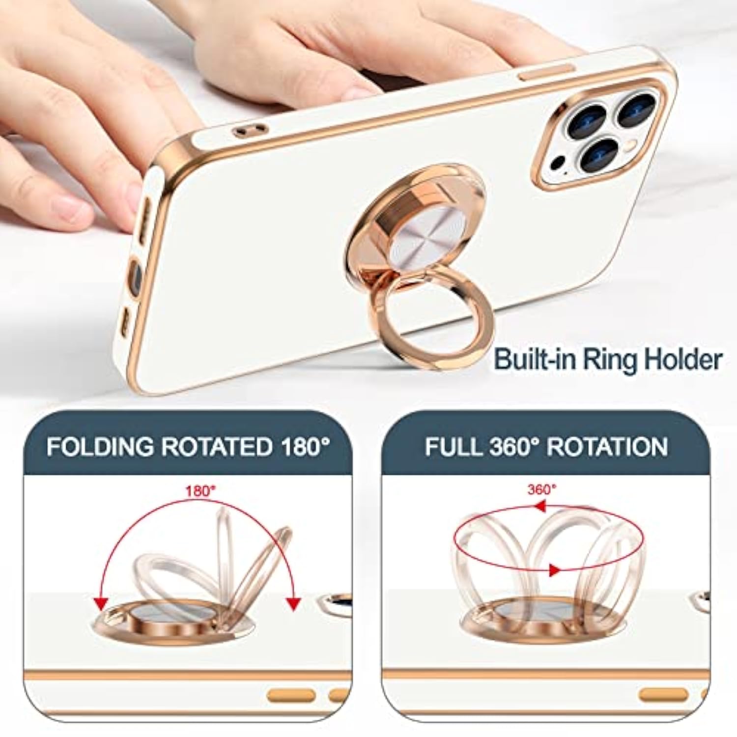 For Iphone 14 Pro Max Case With Ring Stand [360° Rotatable Ring Holder Magnetic Kickstand] [Support Car Mount] Plated Gold Edge Slim Soft Tpu Luxury Protective Phone Case Cover, White