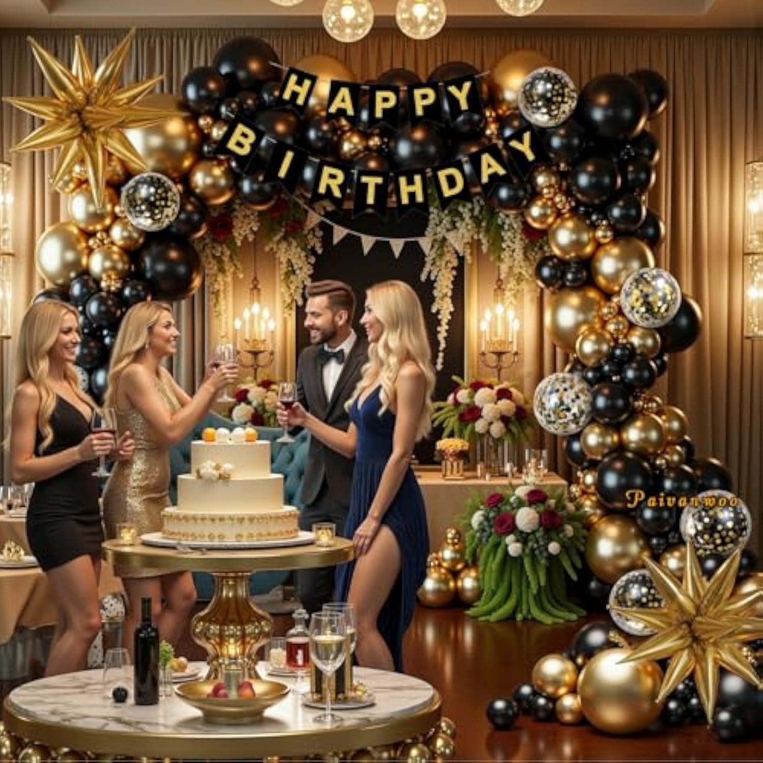 141Pc Black & Gold Balloon Arch Kit (18"/12"/5") w/ Happy Birthday Banner