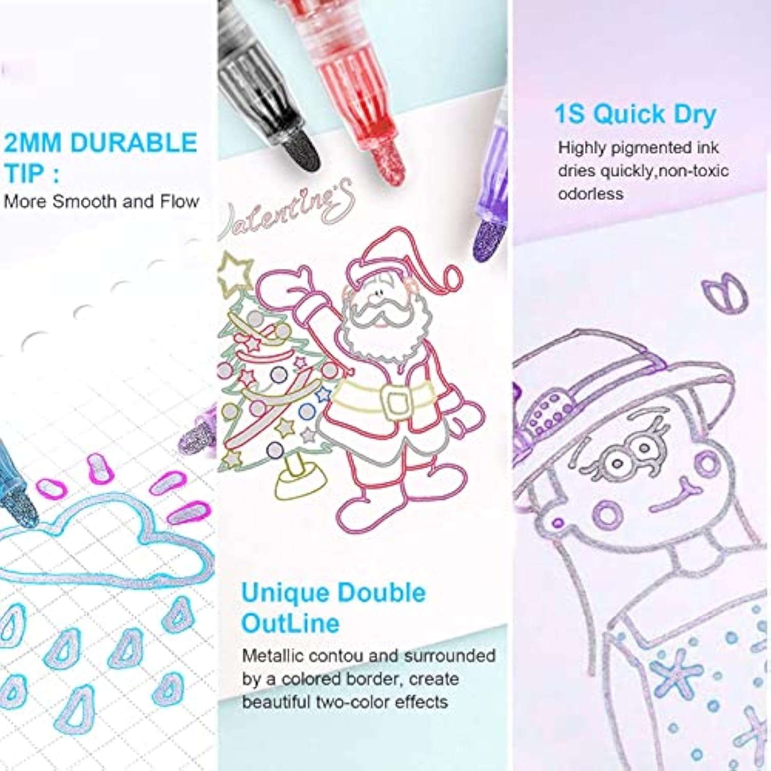 Outline Marker Self-Outline Metallic Markers, 12 Colors Double Line Outline Markers, Super Squiggles Shimmer Glitter Pen Set For Christmas Greeting Card, Kid Drawing, Doodling,Diy Art Crafts