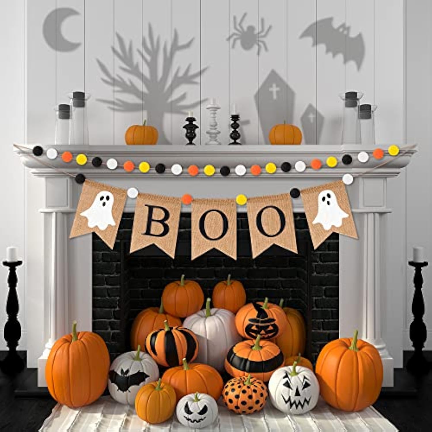 Halloween Boo Burlap Banner: Ghost & Felt Ball Garland - 2pcs
