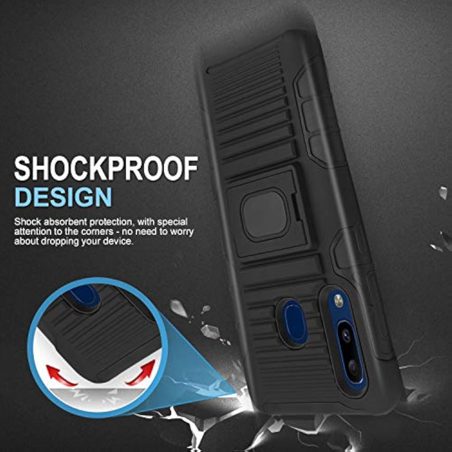 Phone Case Compatible With Samsung Galaxy A50/Galaxy A30/Galaxy A20, [Tempered Glass Screen Protector] Belt Clip Holster Magnetic Support Hybrid Kickstand Heavy Duty Cover (Black)