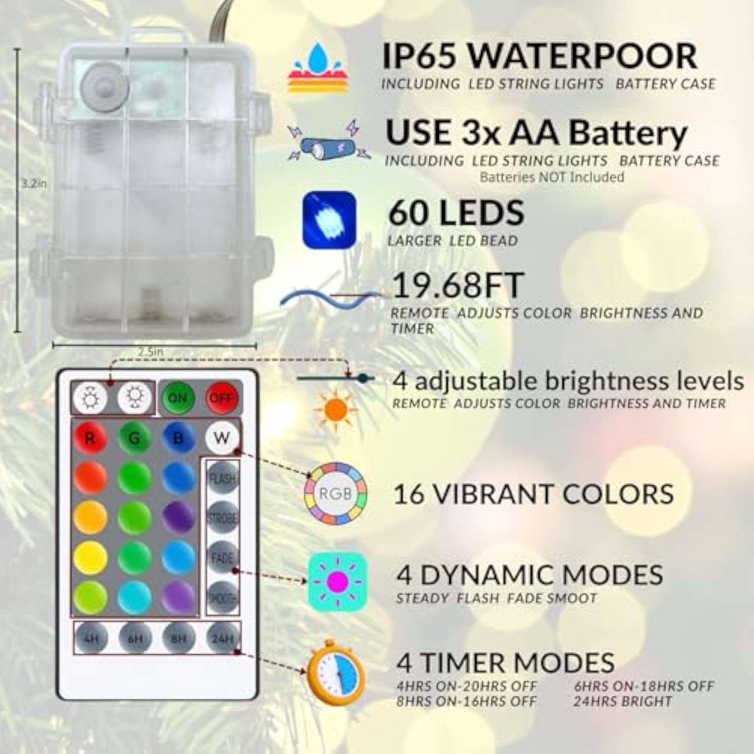 2-Pack 19.68Ft 60Led Rgb Fairy Lights With Remote & Timer - Silver Wire String Lights, Super Bright Waterproof For Chris