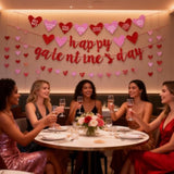Happy Galentine'S Day Banner, Red Glittery Galentine’S Day Decorations With Heart Garland Banner, Ladies Girls Happy Valentine’S Day Party Decorations Photo Prop