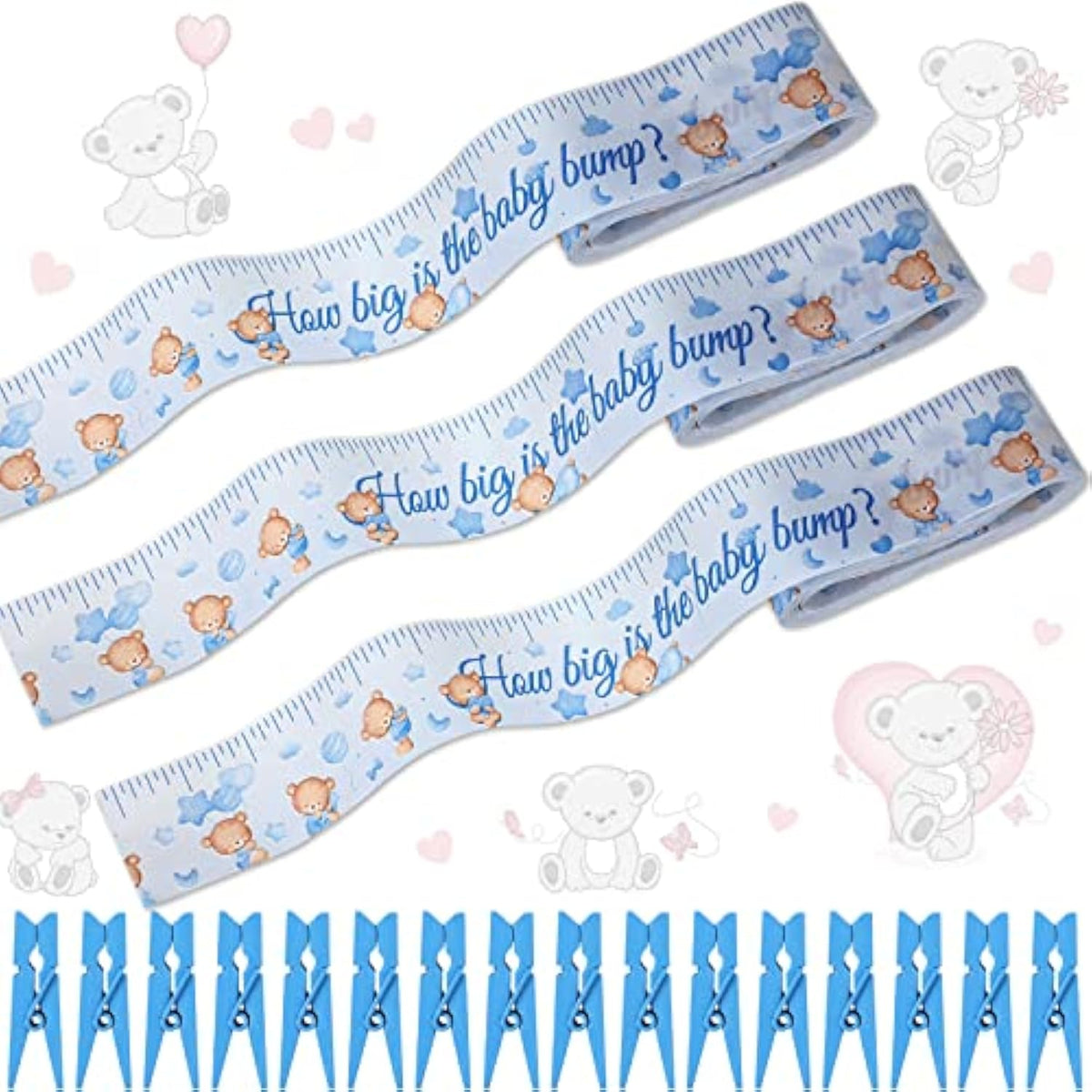 3 Rolls Baby Shower Measure Belly Game Baby Shower Games How Big Is Bump Belly Measuring Tape For Gender Reveal Games Party Supplies, 2 Inch X 115 Ft (Blue Bear Style)