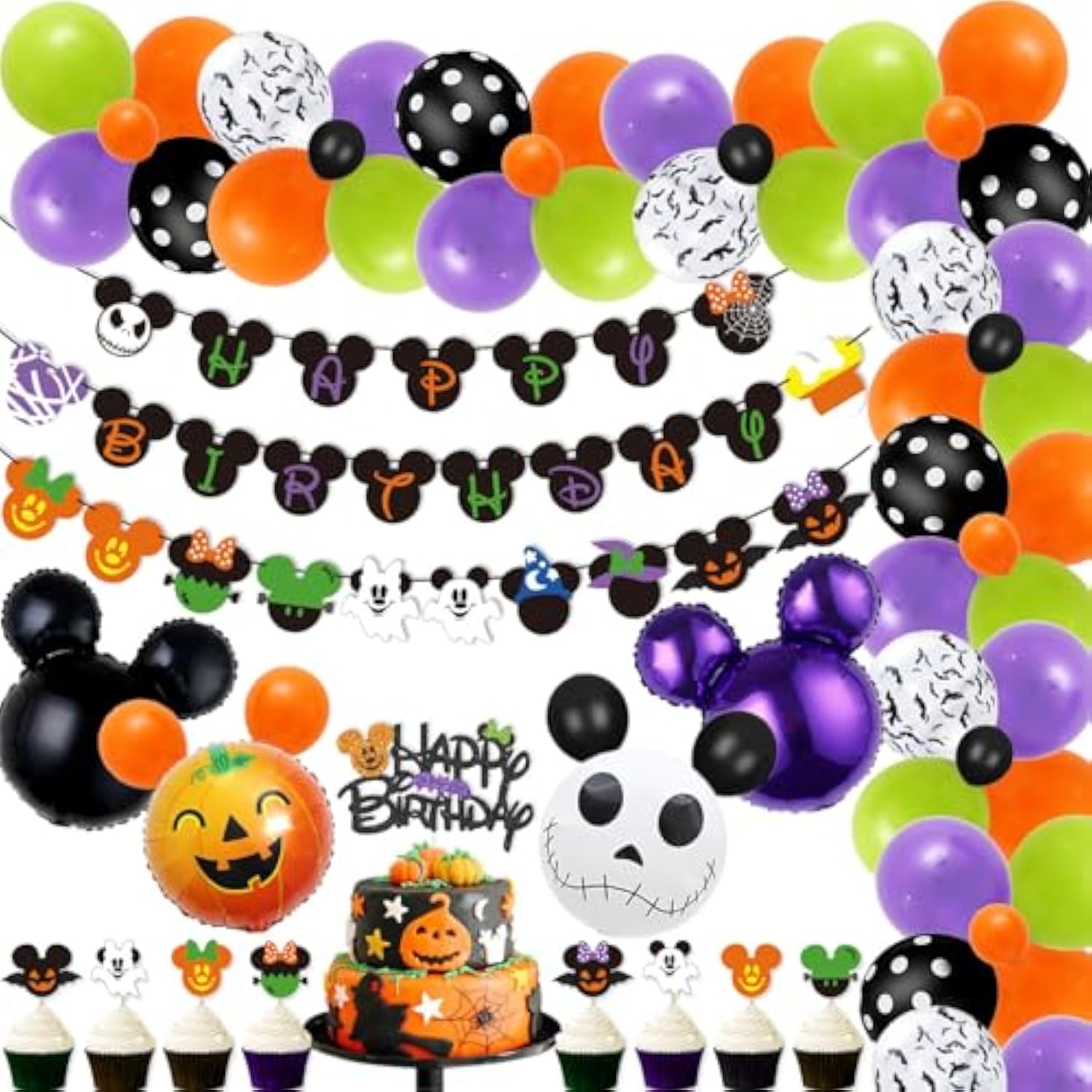 92Pcs Mouse Halloween Party Kit Banner Cake Topper Cupcake Toppers Balloon Arch