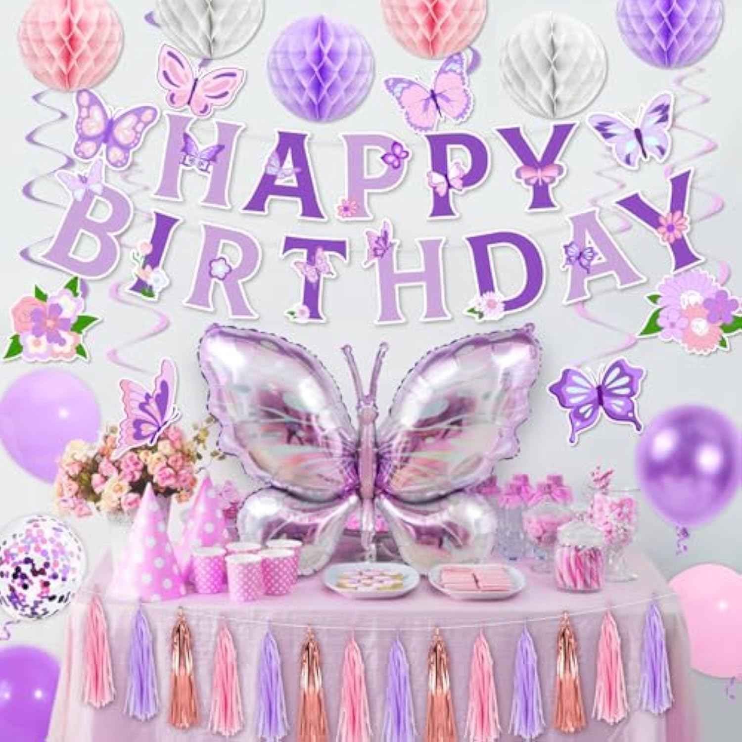 53Pcs Butterfly Birthday Decorations, Purple Butterflies Decorations With Honeycomb Ball Banner Butterflies Hanging Swirl Big Butterfly Foil Balloon For Women Butterflies Girl Theme Birthday Supplies