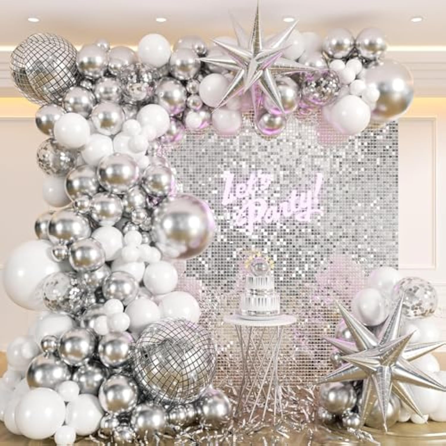 135Pcs Disco Balloon Arch Kit with Silver Balloons Disco Ball Prom Party Decor