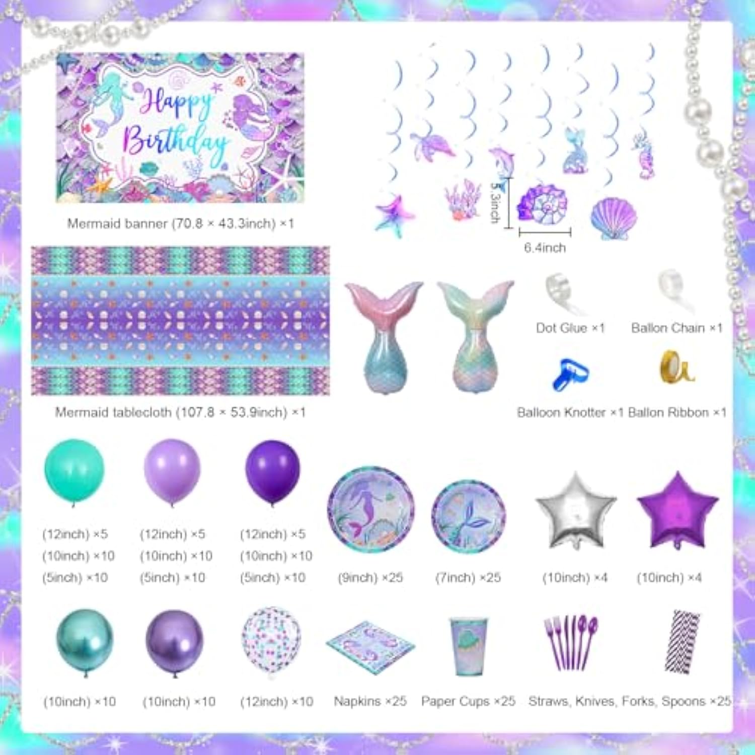 325 Pcs Mermaid Birthday Party Supplies Includes Disposable Paper Plates, Cups, Napkins, Tablecloth, Banner & Balloon Arch Kit For Girls Women Mermaid Party Decorations, Serves 25