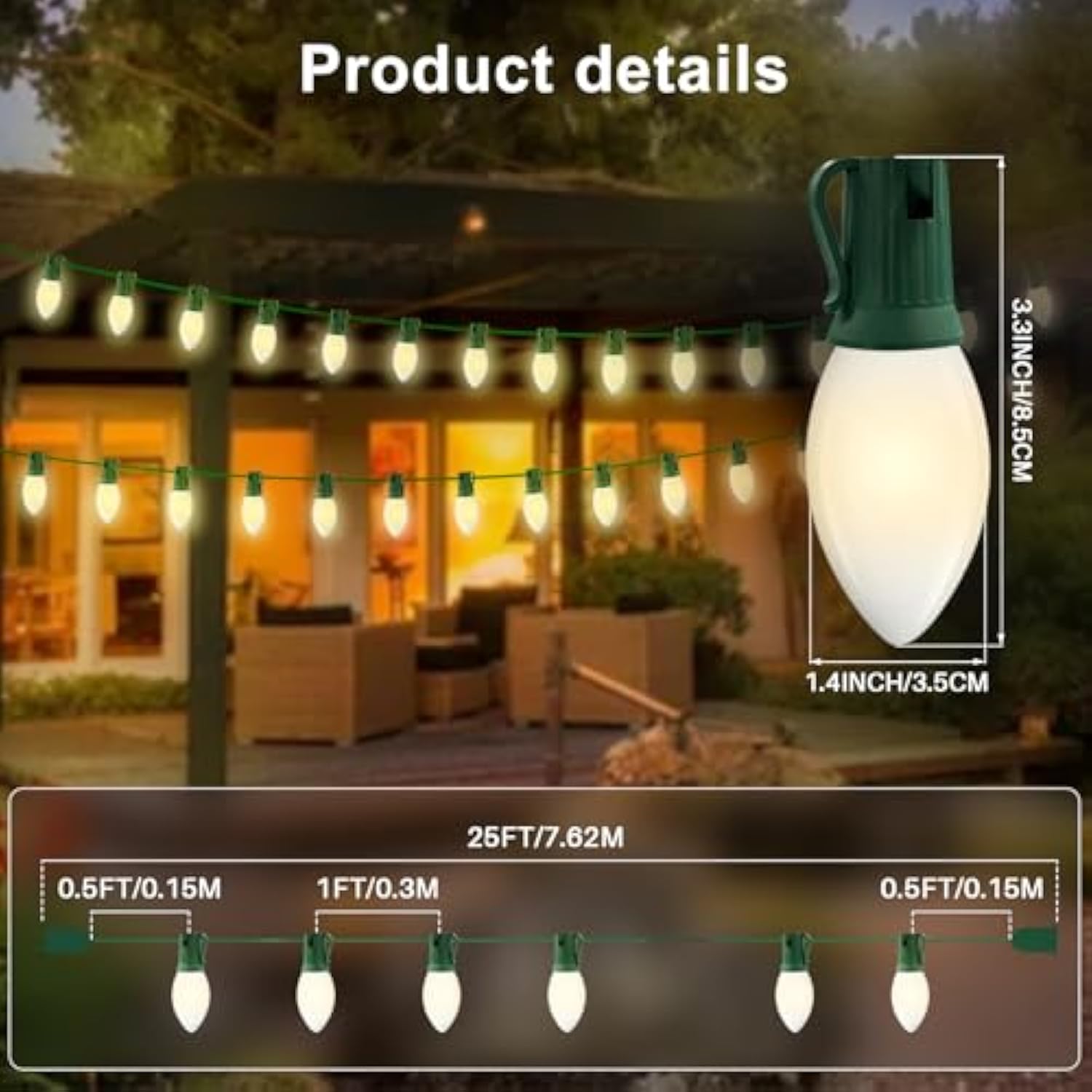 C9 Christmas Lights Outdoor, Led Frosted White Outdoor String Light, 25 Ft Commercial Grade Patio With 25 Led C9 Bulbs,