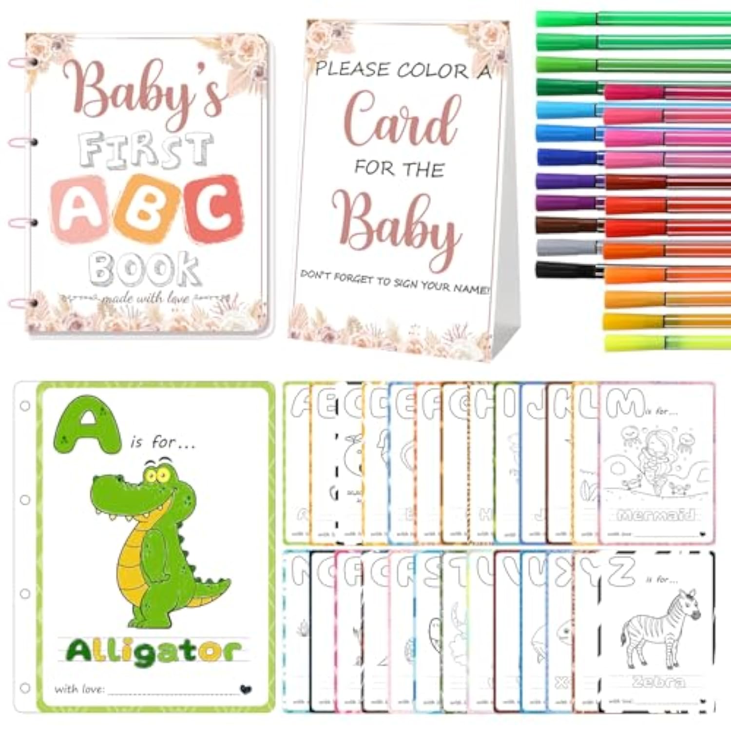 Baby’S First Abc Book Baby Shower Activity & Keepsake Game, A To Z Animal Coloring Cards With 24 Watercolor Pens, Fun & Interactive Baby Shower Game For Guests, Unique Guest Book Alternative (Boho)