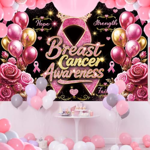 Breast Cancer Awareness Backdrop Pink Ribbon Crown Rose Gold Balloon Background Hope Faith Strength Charity Event Photo Booth Props 8x6FT
