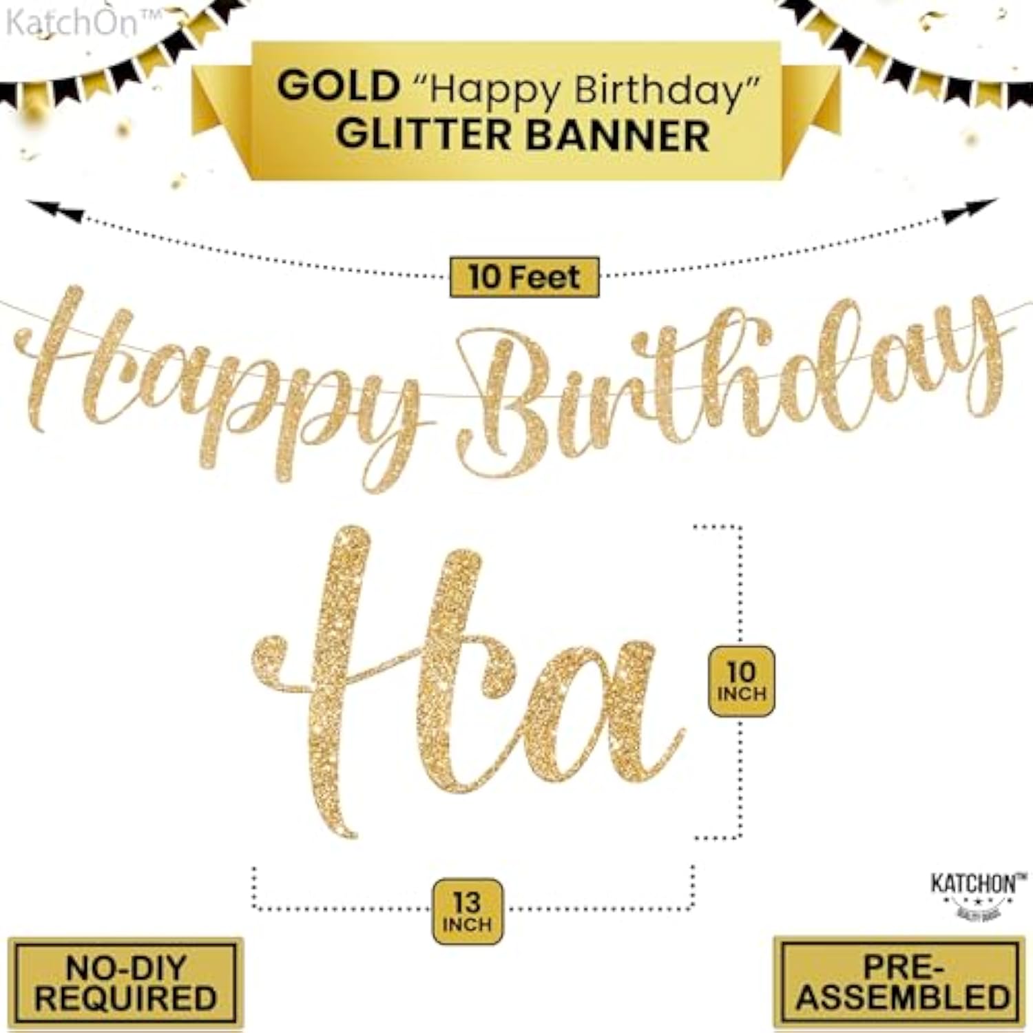 , Glitter Gold Happy Birthday Banner - Pre-Strung, 10 Feet | Birthday Decorations For Women, Men, Boys And Girls | Hbd Banner Backdrop For Gold Party Decorations, Happy Birthday Sign