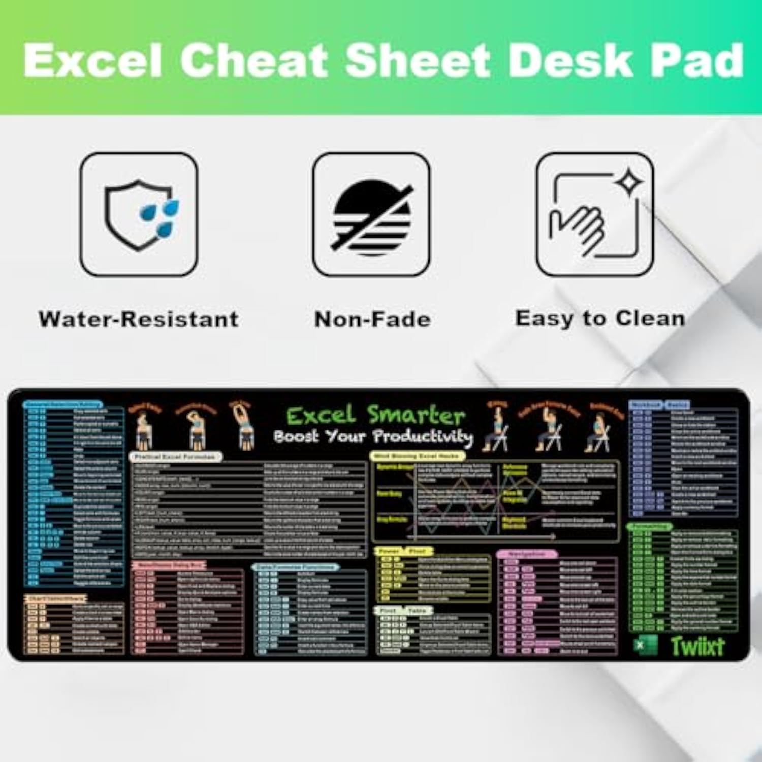 Excel Cheat Sheet Desk Pad, Shortcuts Mouse Pad (31.5"X11.8") - 11 Major Excel Function Modules, Common Functions And Hacks - Xl Keyboard Shortcut Gaming Office Computer Mat - Non-Slip Stitched Edges