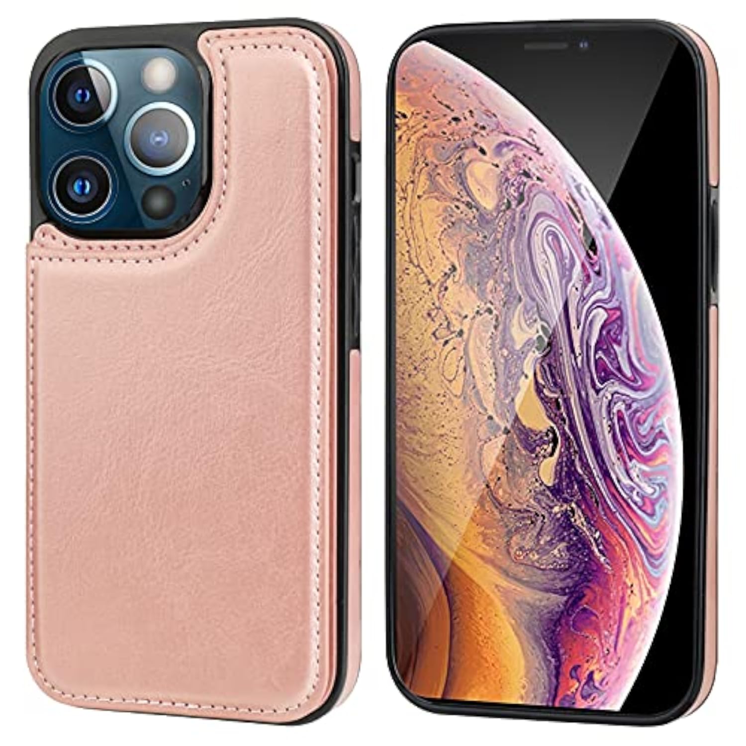 Rose Gold iPhone 13 Pro Max Wallet Case with Card Holder, PU Leather Kickstand and Double Magnetic Clasp