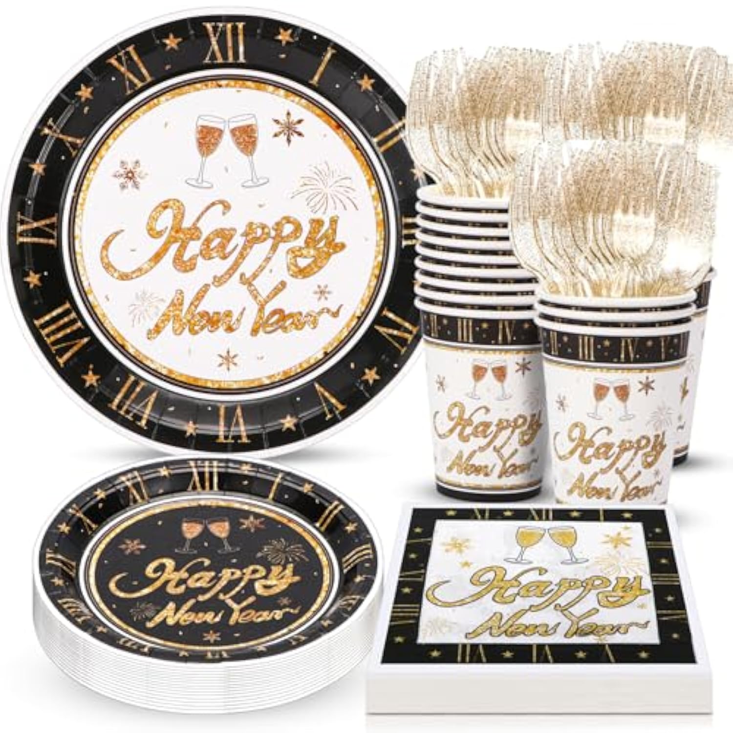 New Year Party Supplies with Plates, Cups, Napkins, and Cutlery for 24 Guests