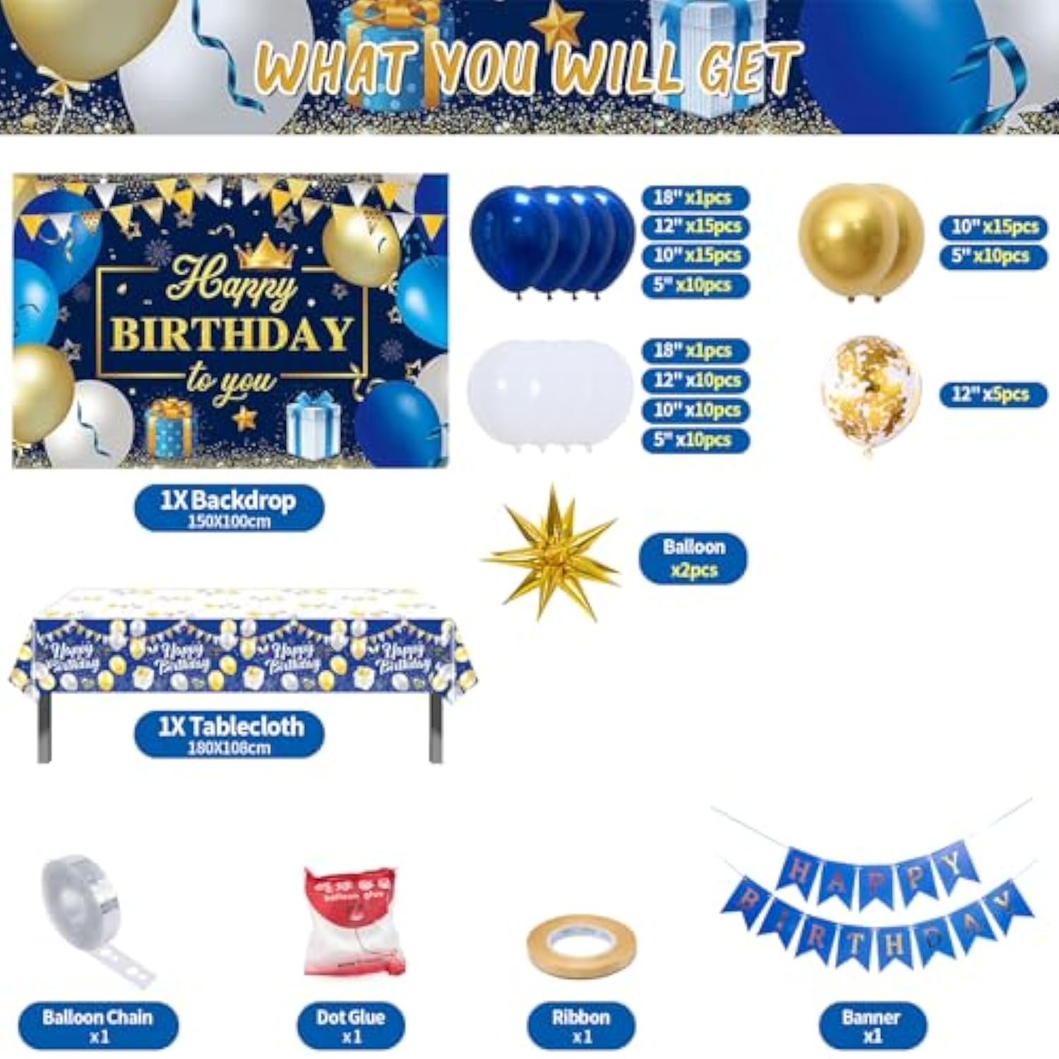 149PCS Blue & Silver Birthday Decor Kit – Includes Backdrop, Balloon Arch, Tablecloth and Banner