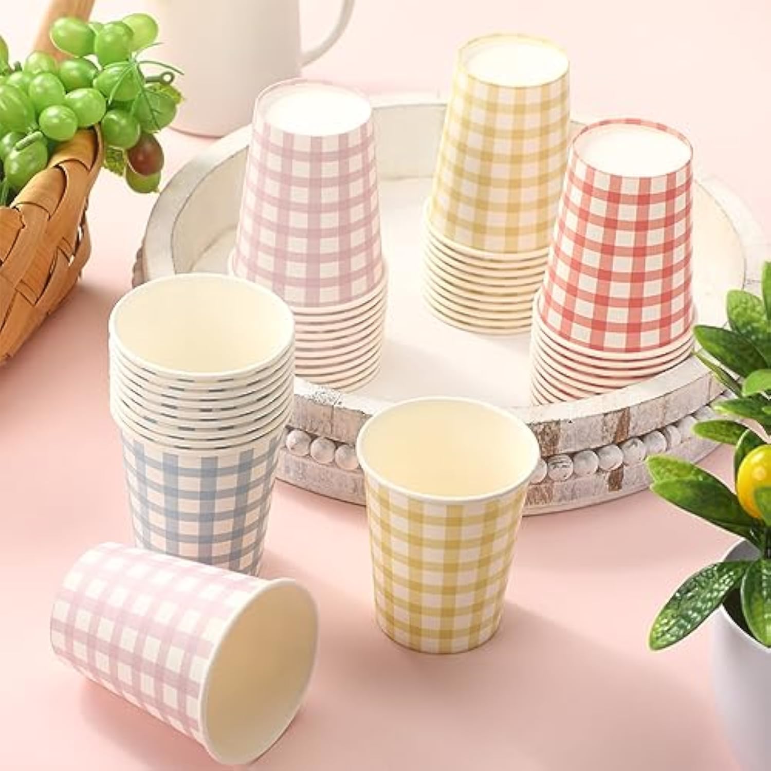 9 Oz Gingham Paper Drinking Cups, 100 Pieces, 4 Colors, Checkered Cups For Hot Cold Beverage, Birthday Party, Travel, Picnic