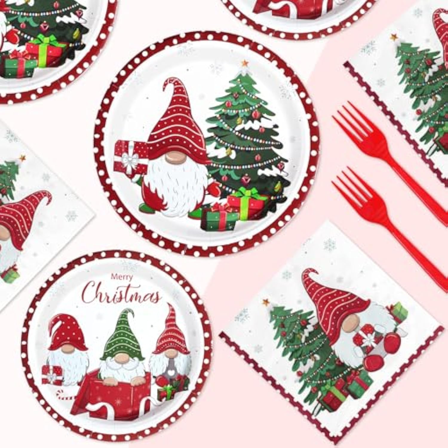 96Pcs Christmas Gnomes Party Supplies - 350 Gsm Disposable Tree Gnome Plates And Napkins Tableware Sets For Merry Birthday Party Decorations, Winter Holiday, Xmas - Serves 24