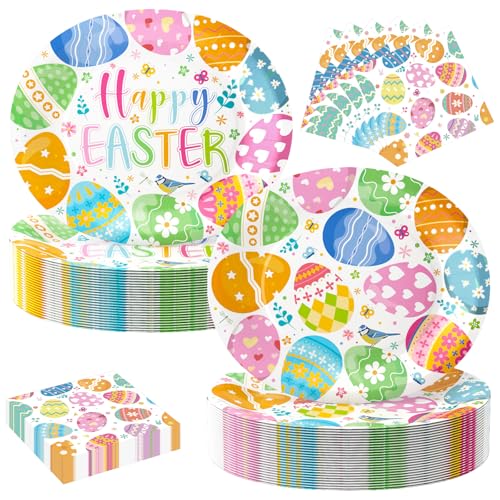 100Pcs Easter Oval Paper Plates and Napkins Set, 10" x 12" Large Disposable Party Plates and 6.5'' Napkins for Easter Party Supplies