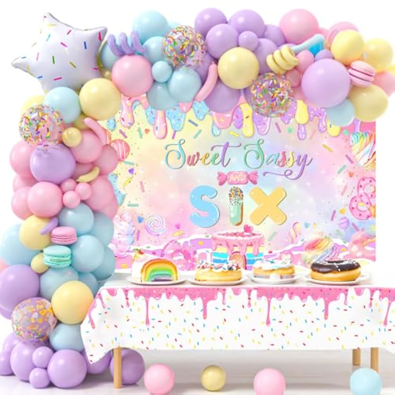 Donut 6th Birthday Backdrop Sweet Sassy Six Banner for Girls Party (Pink)