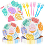 96 Pieces Easter Day Tableware Set Party Supplies - Colorful Eggs Pattern Disposable Dinnerware with Paper Plates, Napkins, Forks for Spring Celebrations Picnic Favors