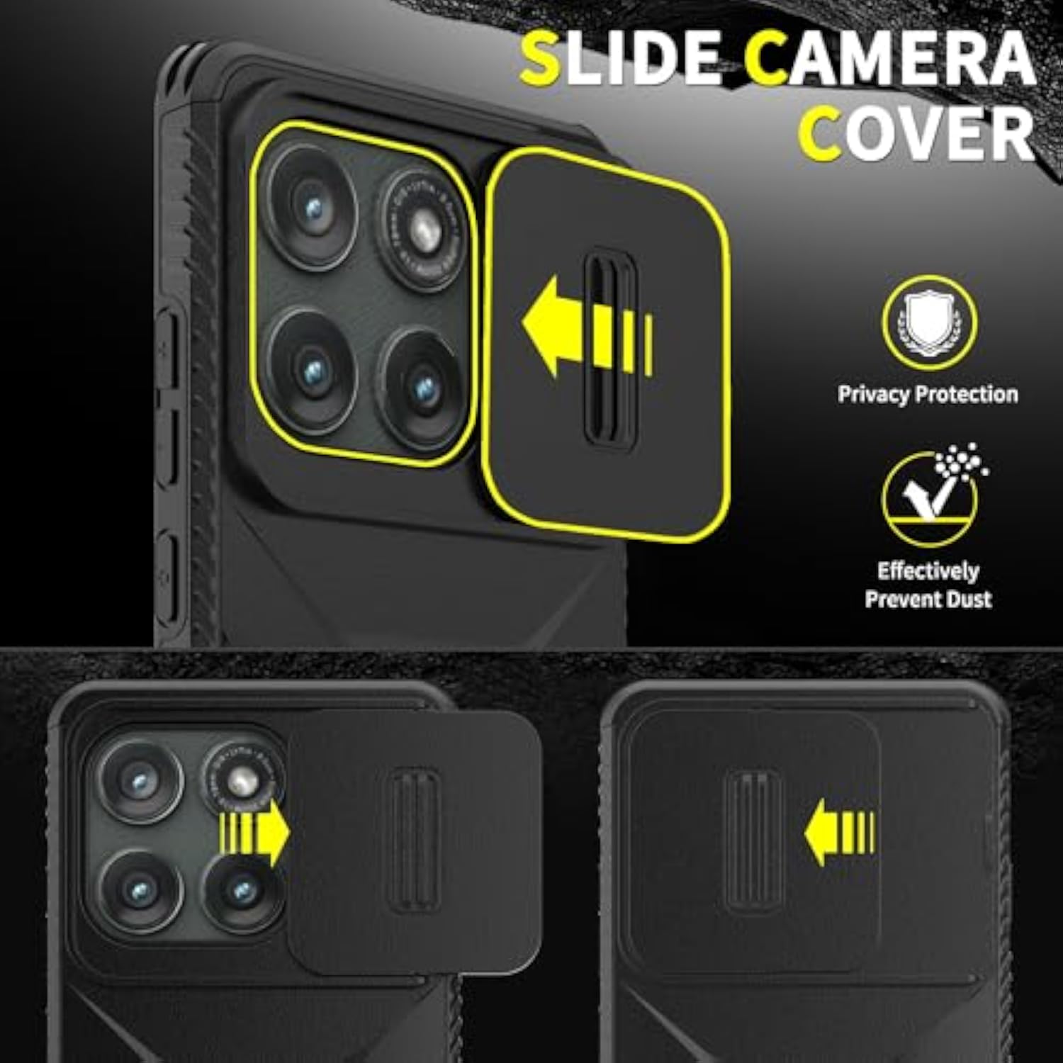 Motorola Moto Edge 2025 Heavy Duty Rugged Shockproof Protective Case with HD Screen Protector and Slide Camera Cover, Black