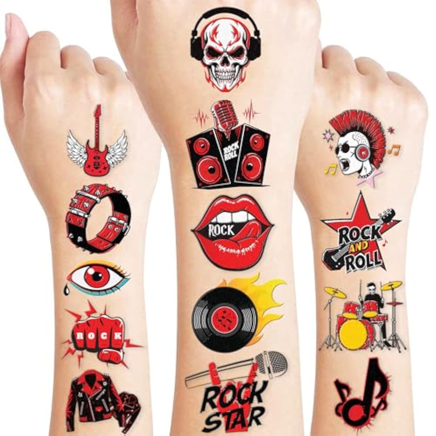 96 Pcs Born To Rock And Roll Pre-Cut Temporary Tattoos For Kids | Super Cute Themed Birthday Party Favors, Supplies, Decorations, Music Fake Tattoo Stickers (Multiple)