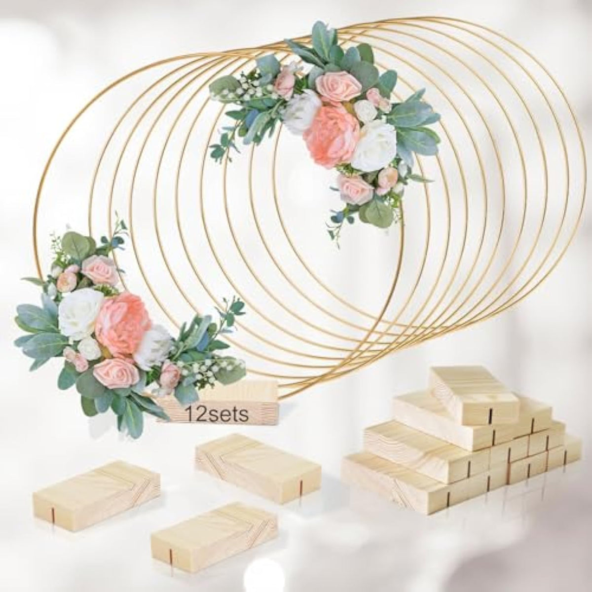 12Pcs 12 Inch Floral Hoop Centerpiece Table Decorations, Metal Gold Center Pieces Decoration For Table With Wood Base, Table Centerpieces For Diy Wedding Decor Wall Hanging Crafts