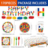 170Pcs Building Block Plates Napkins Birthday Party Supplies Colorful Building Block Party Decorations Banner Tablecloth Cups Party Tableware Set Boys Kid’S Serve 24