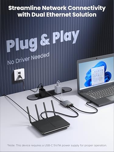 Ethernet Splitter 1 To 2, 1000Mbps High Speed Lan Splitter, [0.55Inch Ultra Slim, Integrally Molded Aluminum Case] Gigabit Ethernet Switch 2 Port With Usb-C Power Cable, For Cat5/5E/6/7/8 Cable