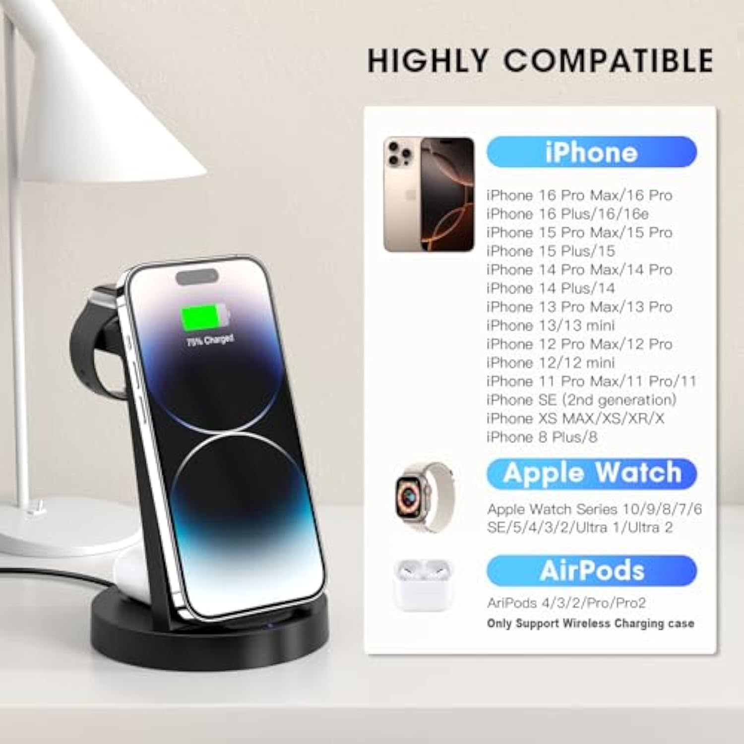 3 In 1 Charging Station For Iphone, Wireless Charger For Iphone 16E 16 15 14 13 12 11 X Pro Max & Watch - Wireless Charging Station For Airpods 4 3 Pro