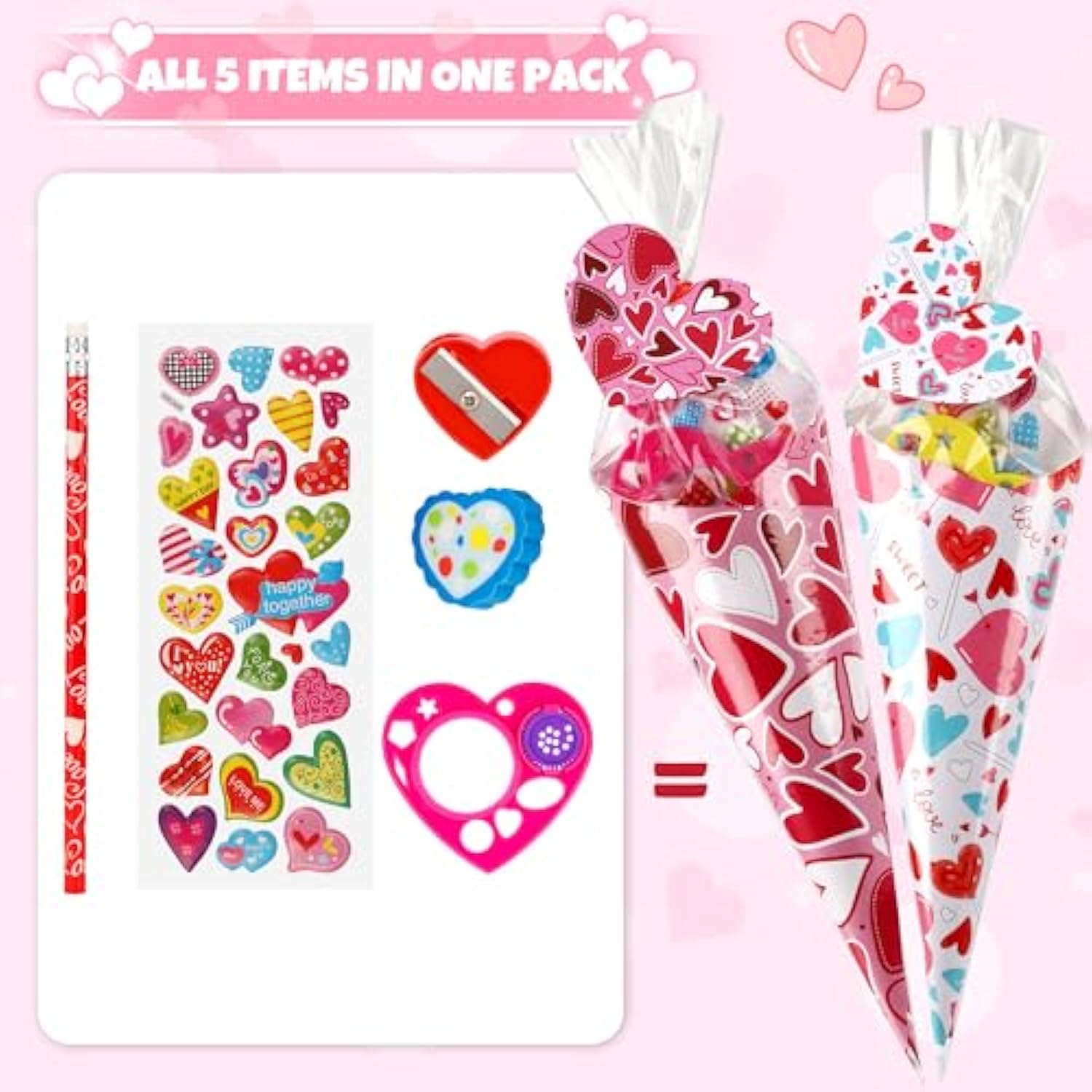 Valentine'S Day Gifts For Kids-30 Pack Valentines Sweet Cones Shaped Stationery Gift For Classroom, Creative Valentine Exchange Gift Set With Clear Bag Heart Card Pencil Sticker Eraser Sharpener Ruler