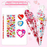 Valentine'S Day Gifts For Kids-30 Pack Valentines Sweet Cones Shaped Stationery Gift For Classroom, Creative Valentine Exchange Gift Set With Clear Bag Heart Card Pencil Sticker Eraser Sharpener Ruler