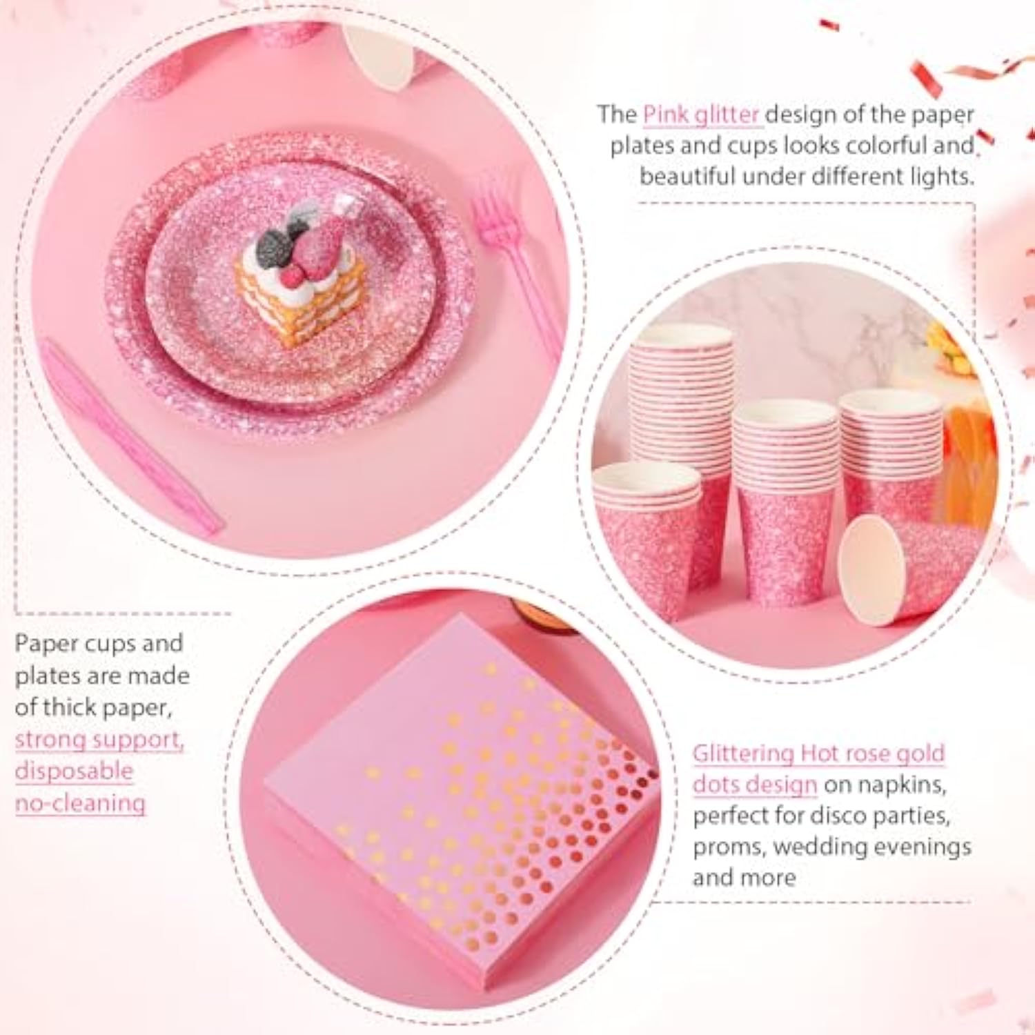 175 Pcs Pink Holographic Print Party Disposable Dinnerware Set Include 50 Pcs Paper Plates, 25 Napkins, 25 Cups, 25 Plastic Forks, 25 Knives, And 25 Spoons For Guest Holiday Wedding Birthday