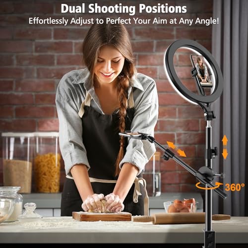 Ring Light with Stand and Phone Holder, Overhead Phone Mount, Phone Stand for Recording, 11 Circle LED Ring Light for Desk with Clamp for Live