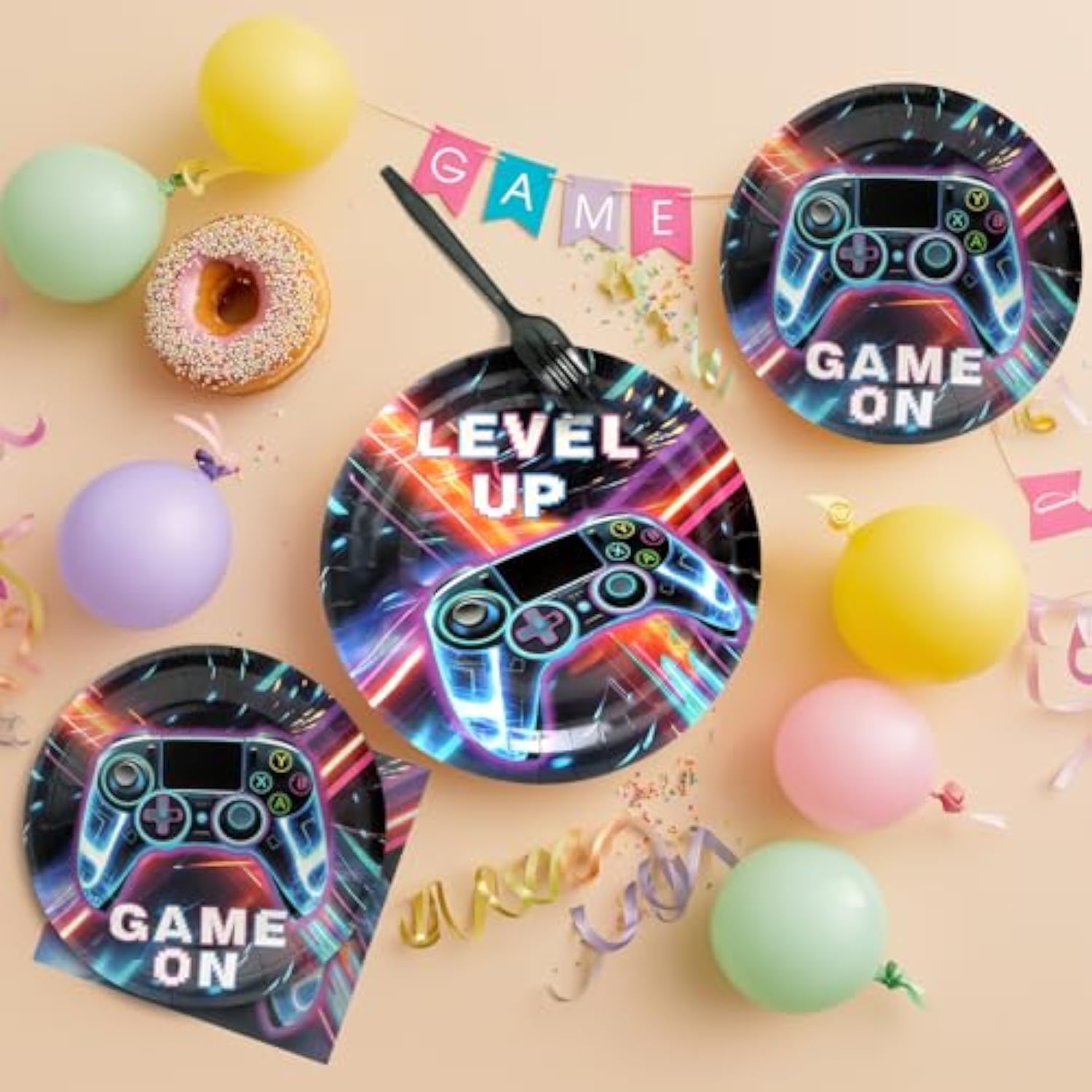 96 Pcs Party Plates, Video Game Paper Plates And Napkins Party Supplies For Video Game Theme Birthday For Gamer, Serve For 24 Guests, Blue And Purple