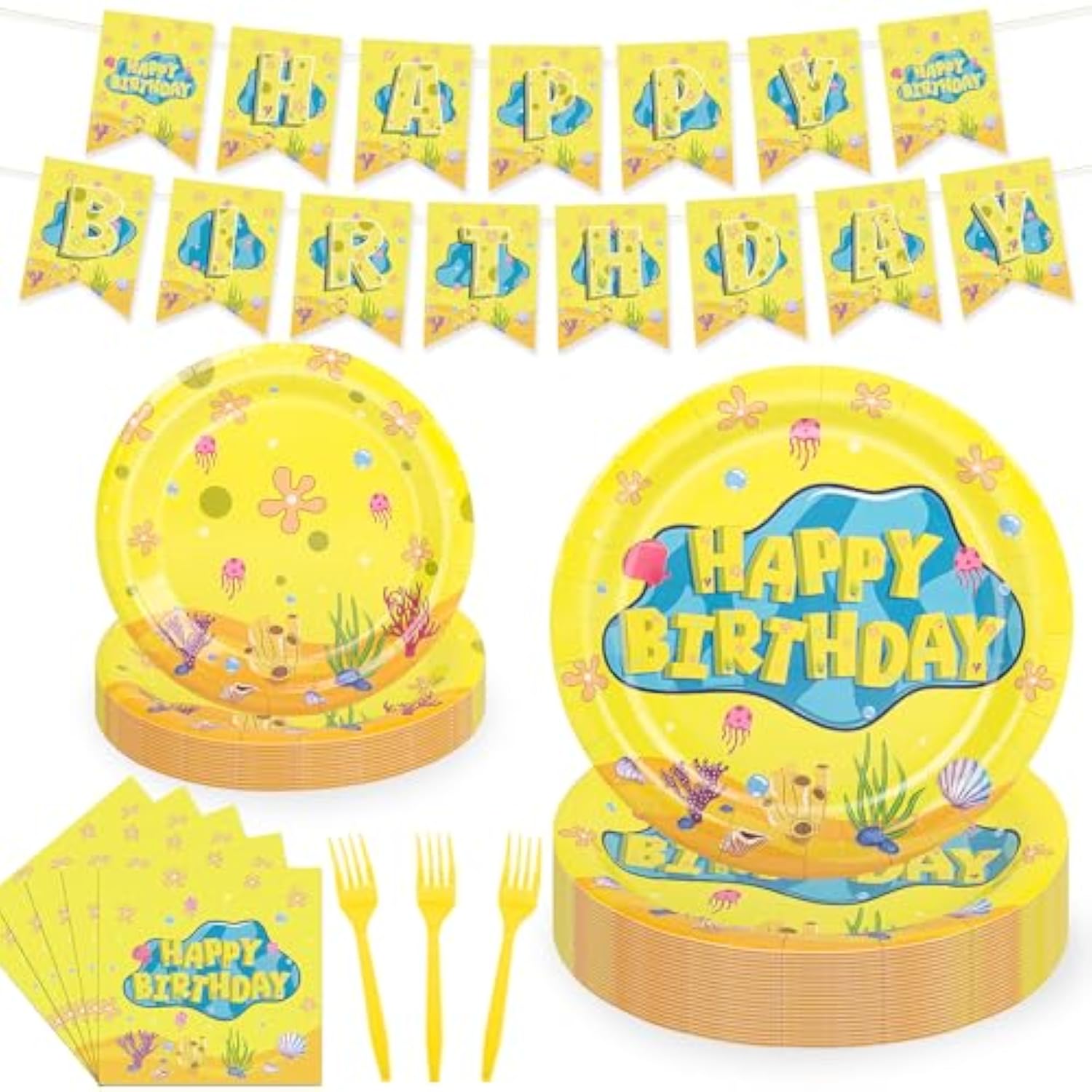 Yellow Cartoon Party Supplies Serves 25 - Plates And Napkins Tableware Set With Cups Banner Forks Disposable Dinnerware For Under The Sea Ocean Baby Shower Party Decorations