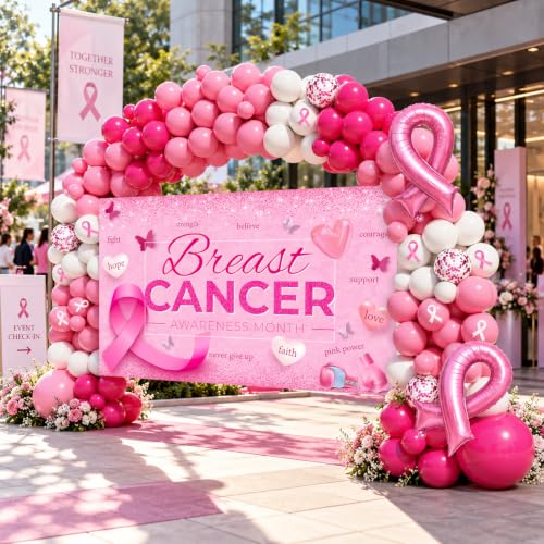 Breast Cancer Awareness Decorations,152PCS Breast Cancer Awareness Decorations Balloon Garland Arch Kit with Pink Ribbon Balloons and Large Backdrop Banner