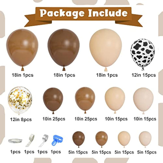 170Pcs Cowboy Balloons Garland Arch Kit, Cow Brown Neutral Blush Confetti Print Balloons For Western Cowboy Cowgirl Farm Animal Themed Baby Shower Bachelor Birthday Party Decorations Supplies