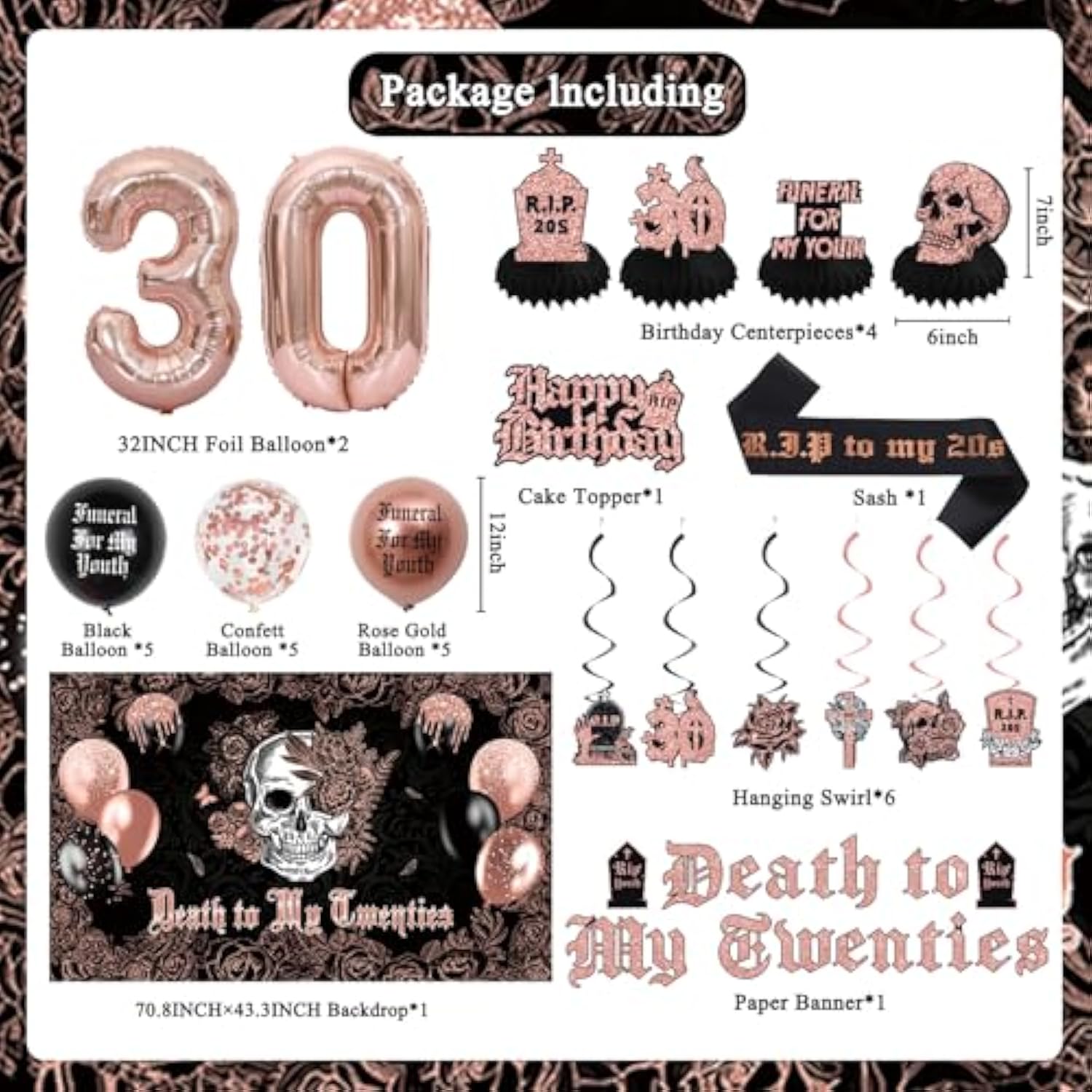 Rose Gold Black Death to My 20s Decor Backdrop Banner Swirls Sash Cake Topper Balloons