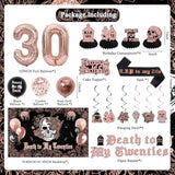 Rose Gold Black Death to My 20s Decor Backdrop Banner Swirls Sash Cake Topper Balloons