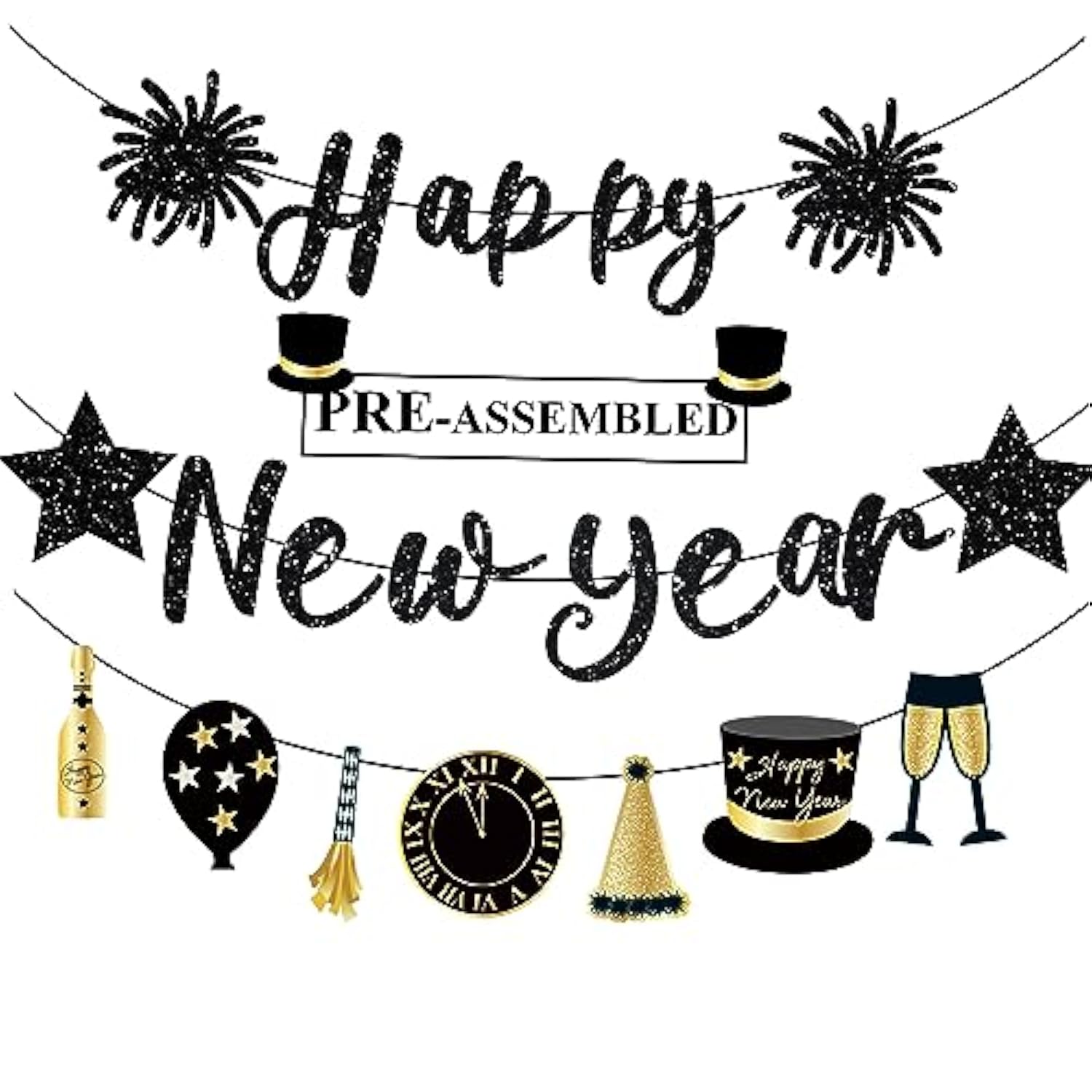 Black Glitter Happy New Year Banner 2026 Pre-Strung for Party Decorations