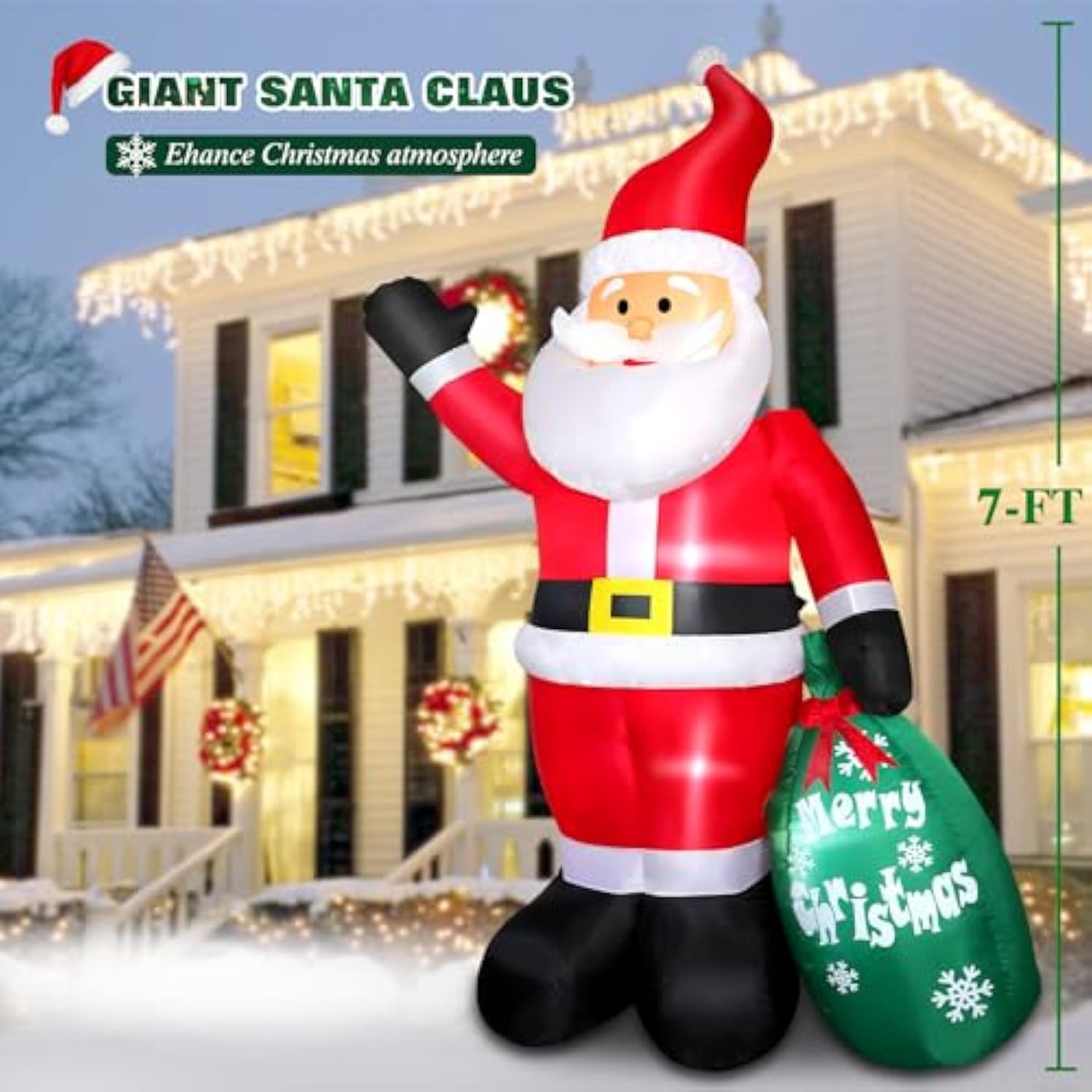 7 Ft Christmas Inflatable Santa Claus Indoor Outdoor Decoration, Giant Blow Up Santa Claus With Green Gift Bag, Built-In
