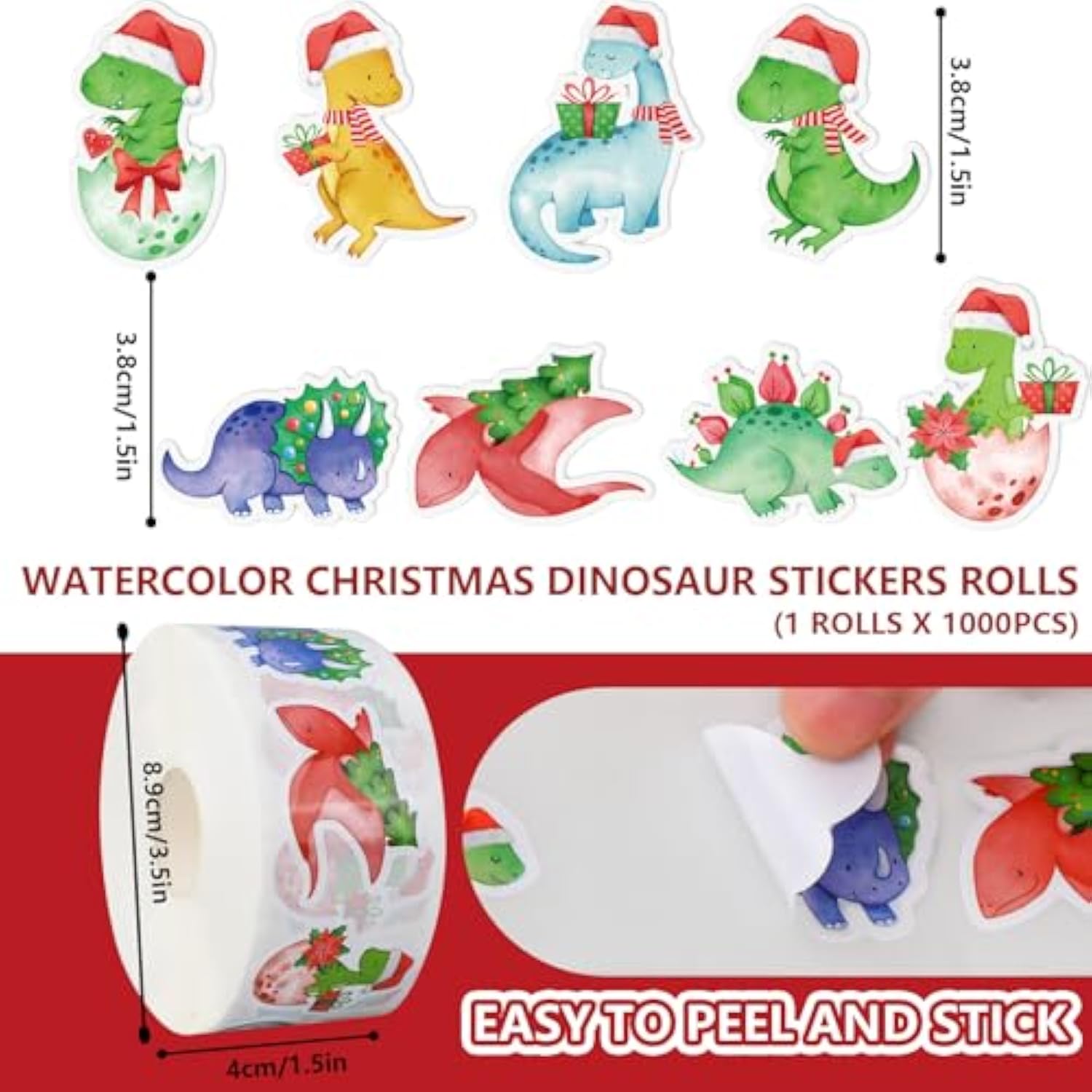 1000Pcs Christmas Paper Sticker Watercolor Dinosaur Decal Jurassic Animal Self-Adhesive Sticker Label For Xmas Winter Gift Card Party Supplies, 1.5 In